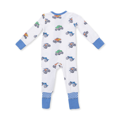 White baby onesie with blue accents and monster truck pattern on a white background