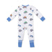 White baby onesie with blue accents and monster truck pattern on a white background