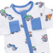 Baby outfit with blue trim and monster truck prints on a white background