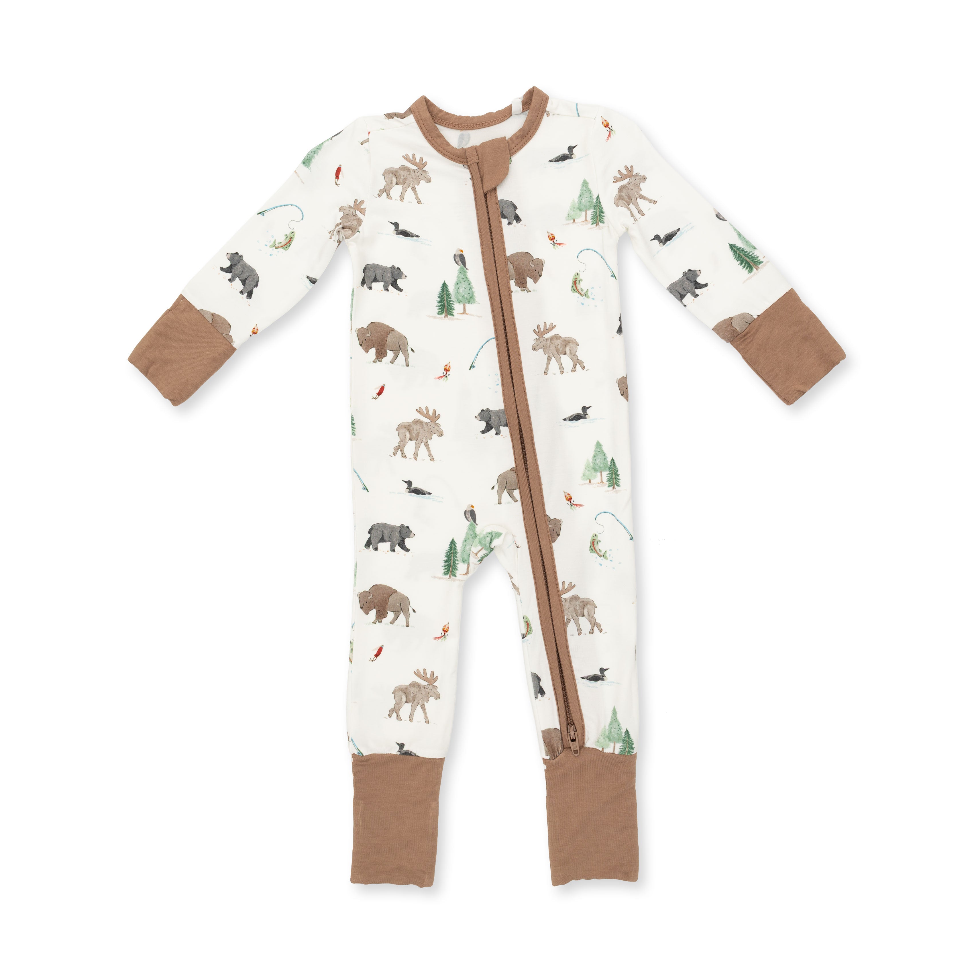 Baby onesie with an animal print in cream with contracting brown cuffs and zipper.