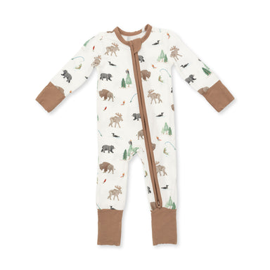 Baby onesie with an animal print in cream with contracting brown cuffs and zipper.