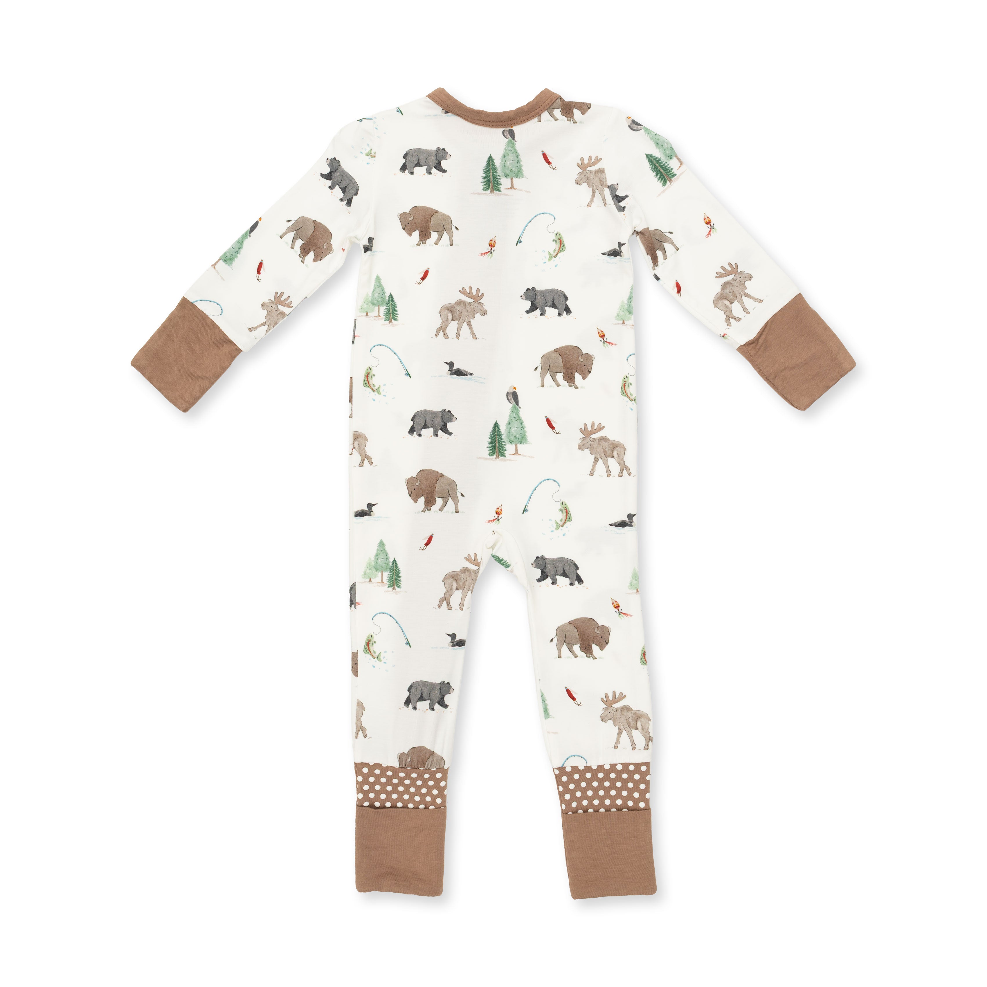 A baby's long-sleeve footless pajama romper with an all-over woodland animal print on an off-white background, featuring brown cuffs and patterned ankle cuffs.