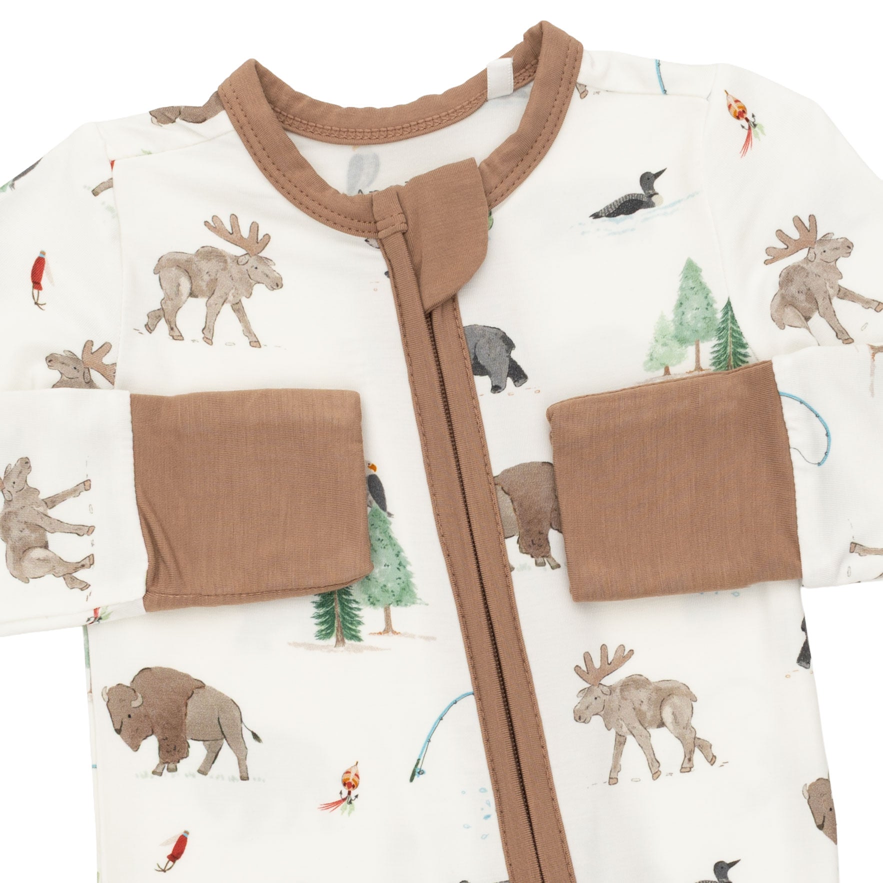 A baby long-sleeve outfit with a brown zipper featuring a woodland animal print on a white background.