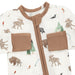 A baby long-sleeve outfit with a brown zipper featuring a woodland animal print on a white background.