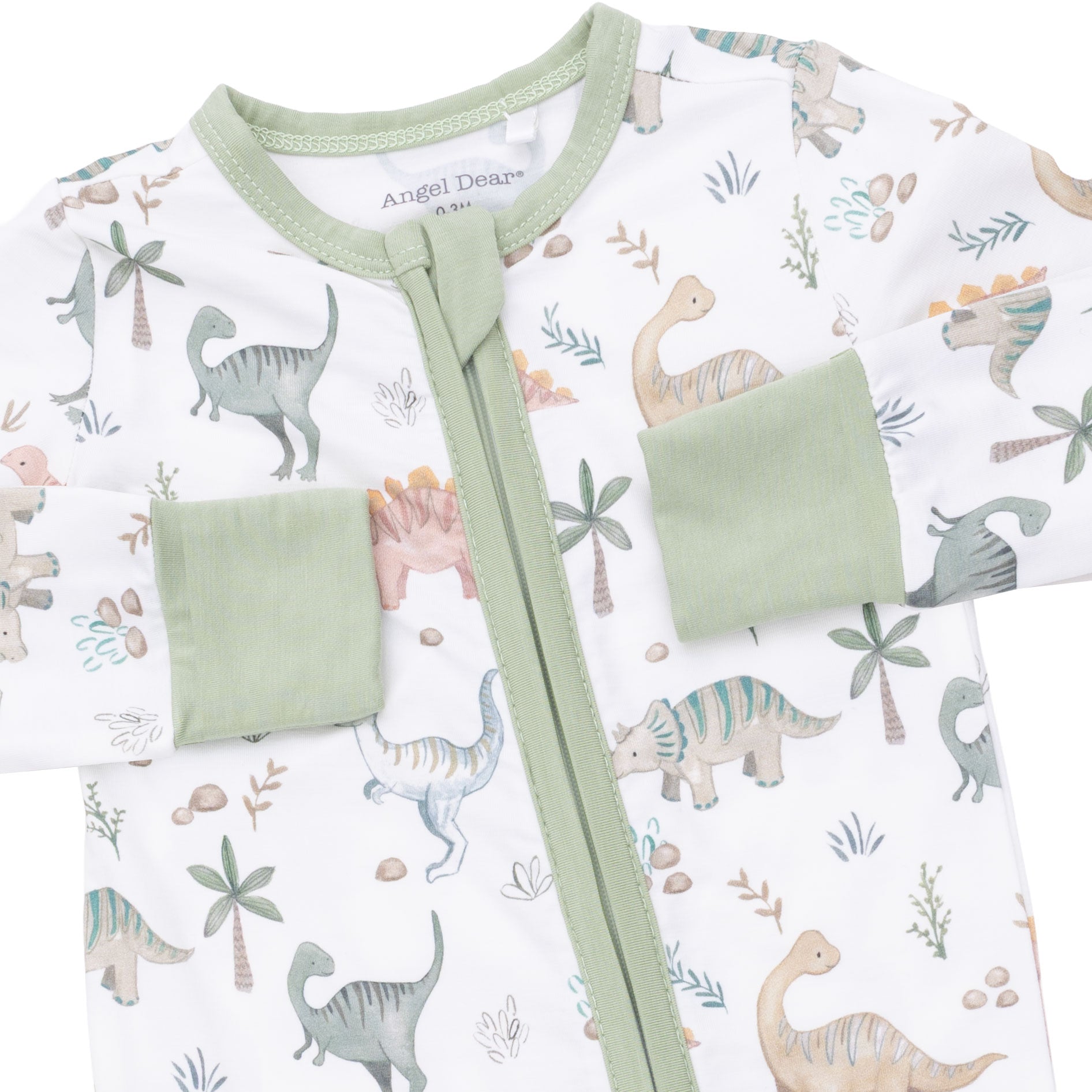 Baby outfit with dinosaur pattern and green accents on a white background
