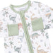 Baby outfit with dinosaur pattern and green accents on a white background