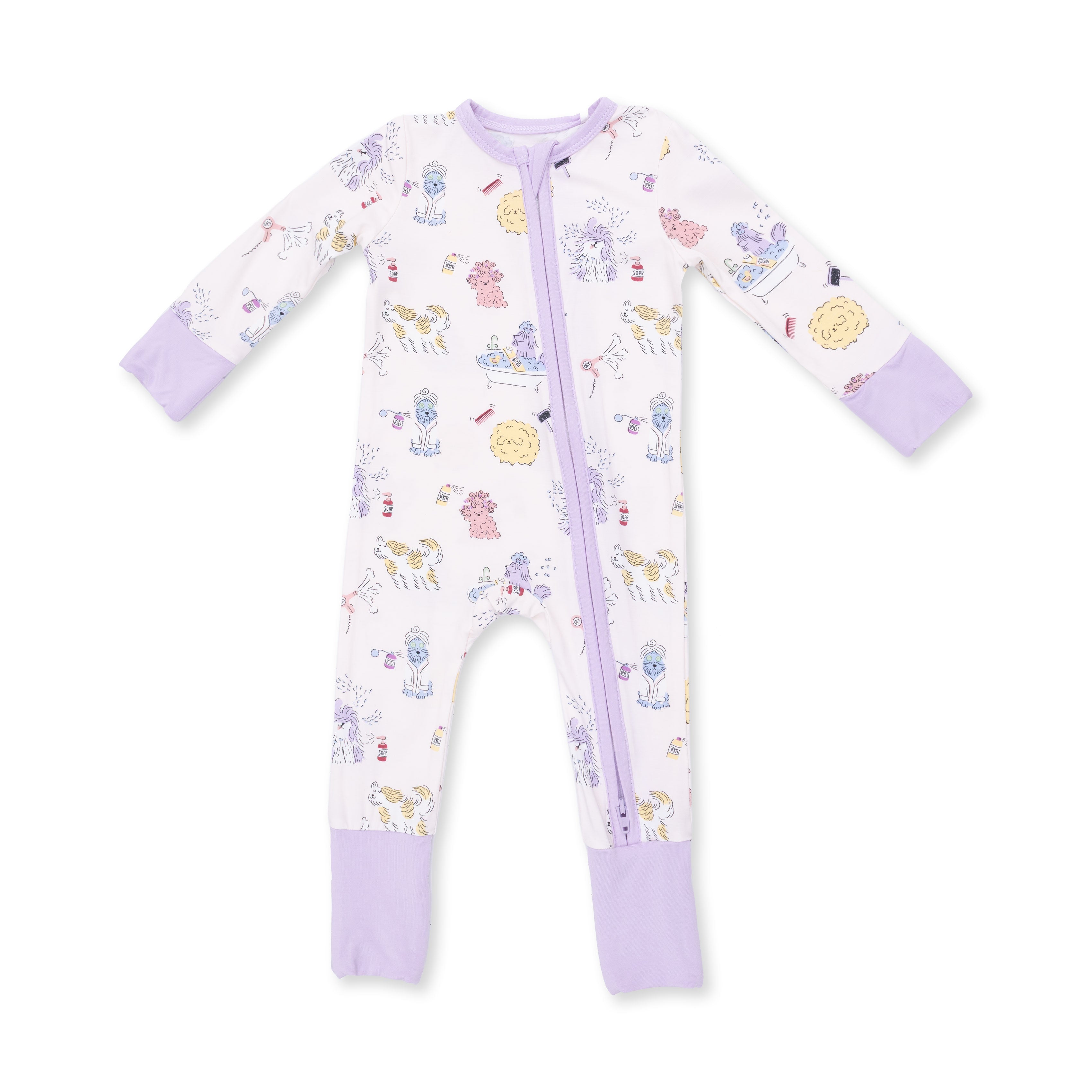 Baby onesie with animal pattern and purple accents on a white background