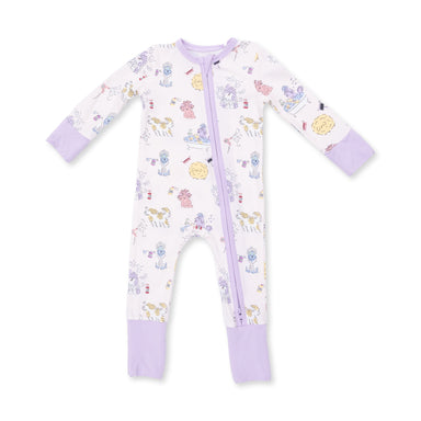 Baby onesie with animal pattern and purple accents on a white background