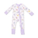 Baby onesie with animal pattern and purple accents on a white background