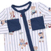 Baby onesie with teddy bear pattern and navy accents on a white background