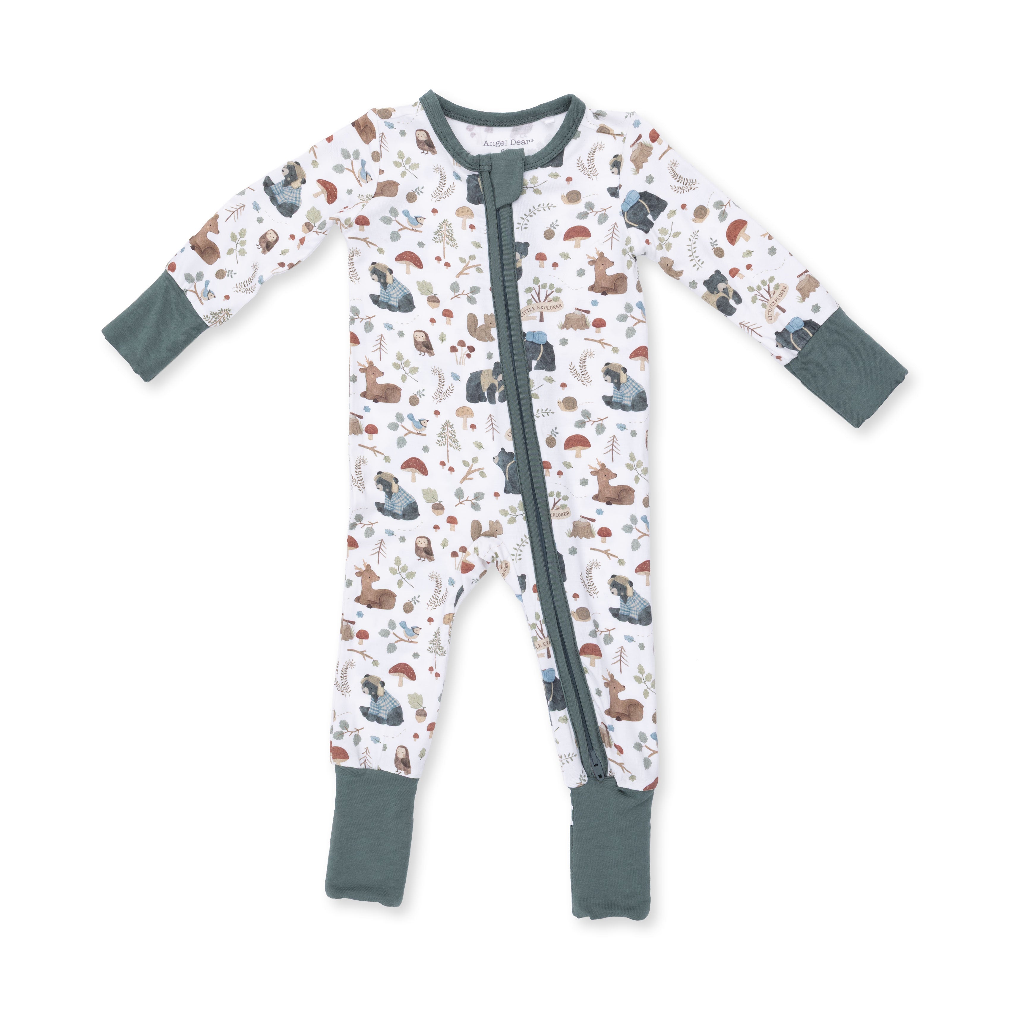 Children's onesie with woodlands animal pattern on a white background