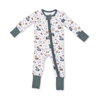 Children's onesie with woodlands animal pattern on a white background