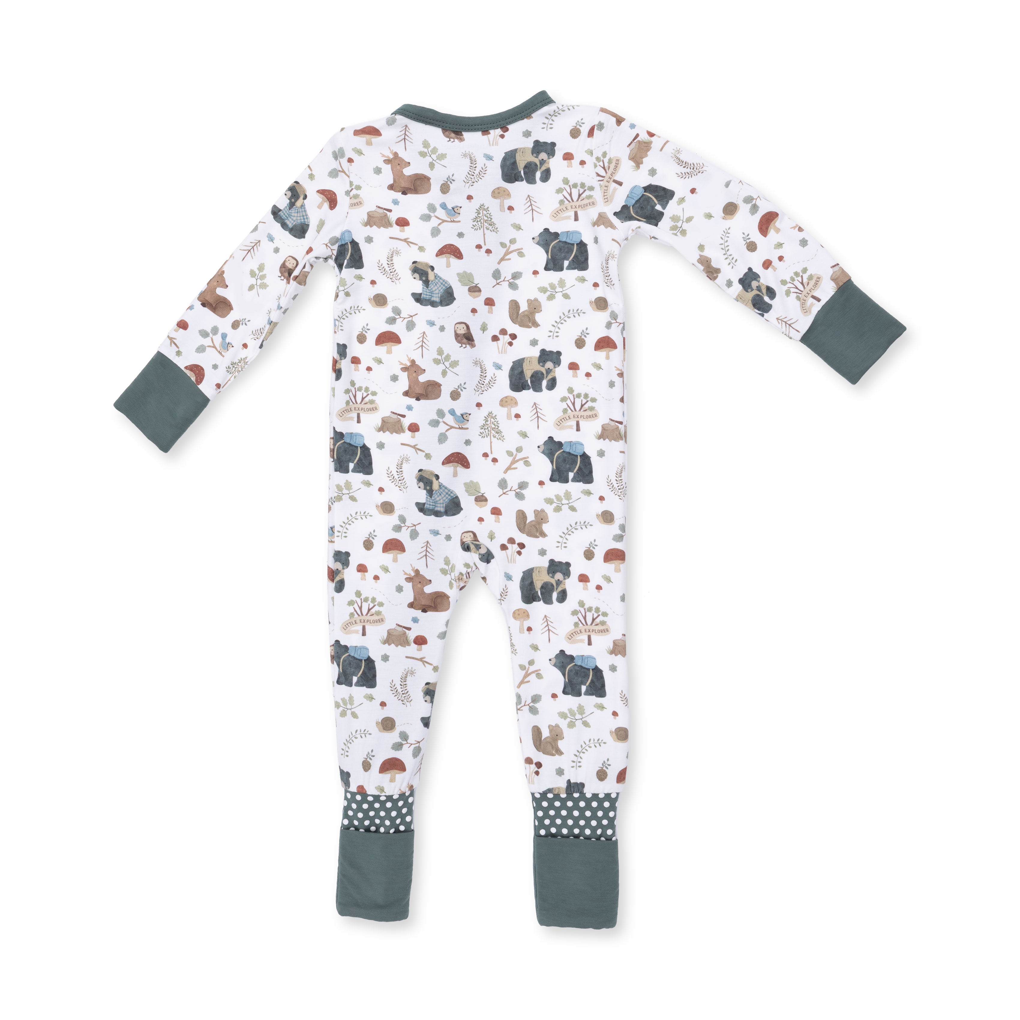 Children's onesie with woodlands animal pattern on a white background