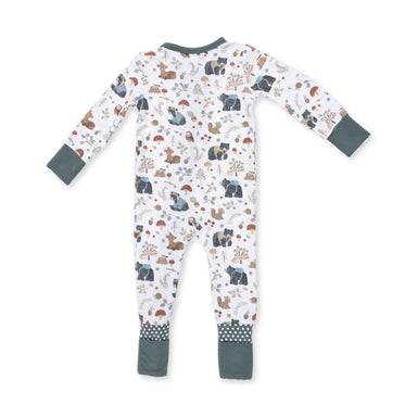 Children's onesie with woodlands animal pattern on a white background