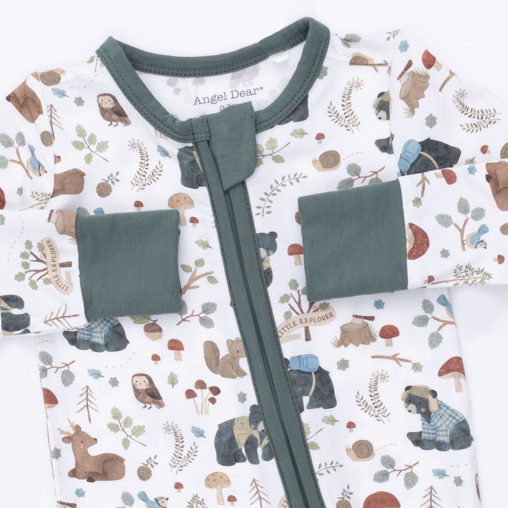 Baby romper with woodlands animal pattern and 'Angel Dear' branding