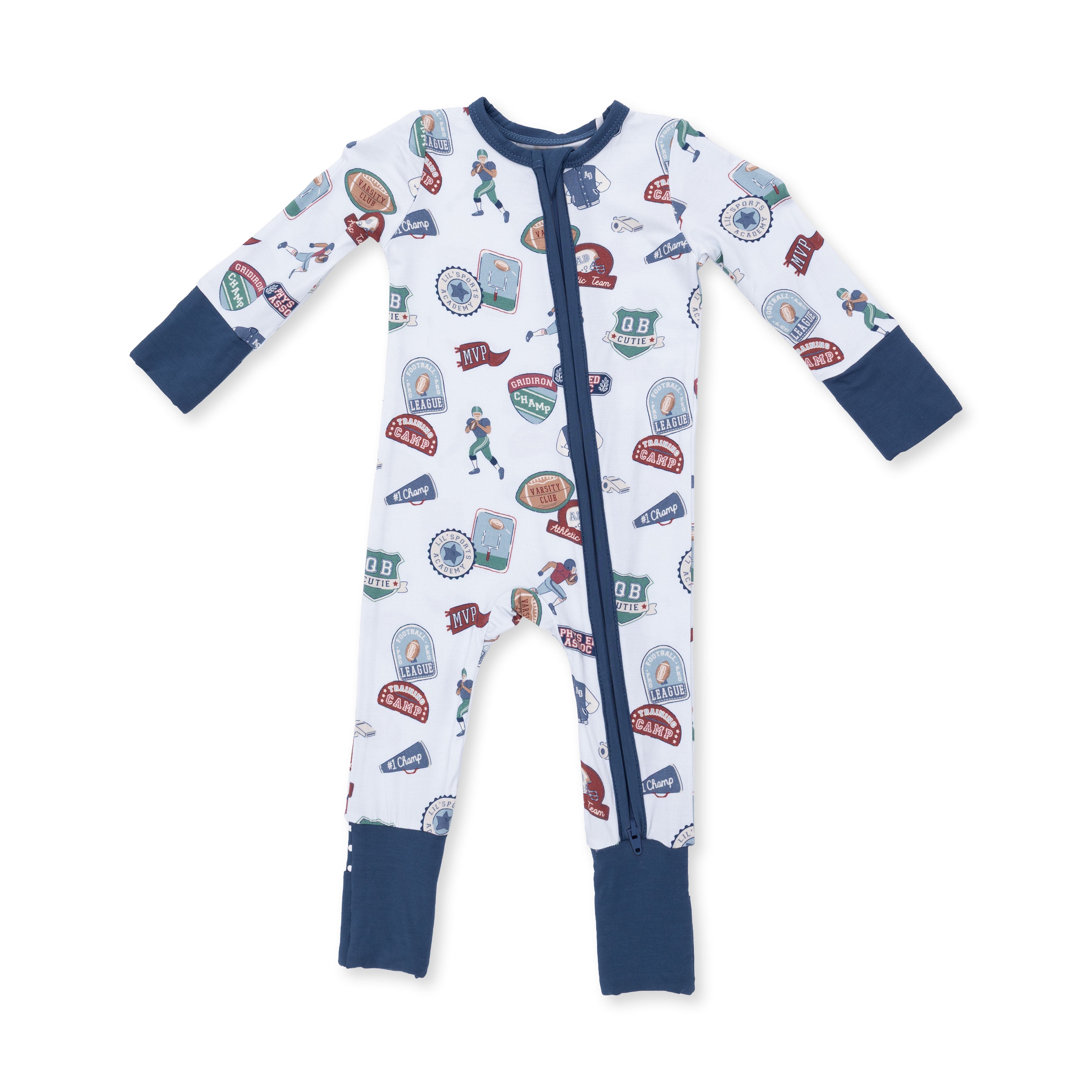 Children's onesie with football pattern on a white background