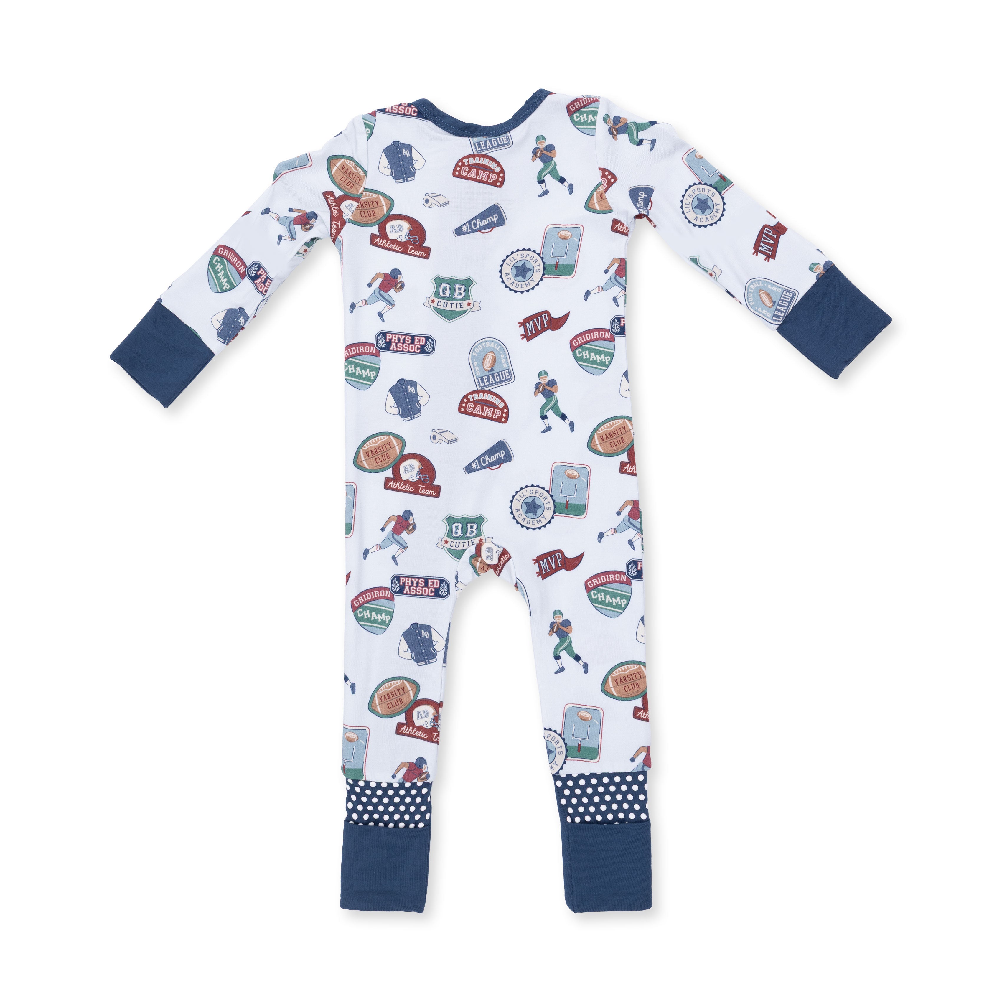 Children's onesie with sports-themed pattern on a white background