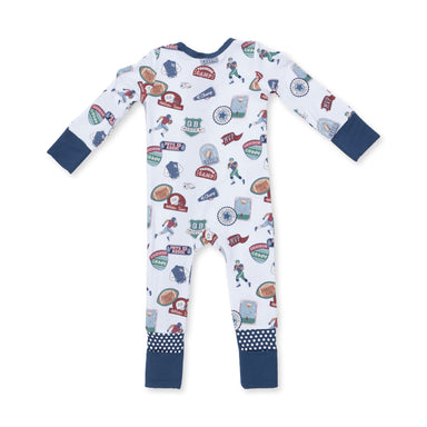 Children's onesie with sports-themed pattern on a white background