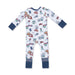 Children's onesie with sports-themed pattern on a white background