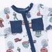 Children's outfit with sports-themed print and navy accents