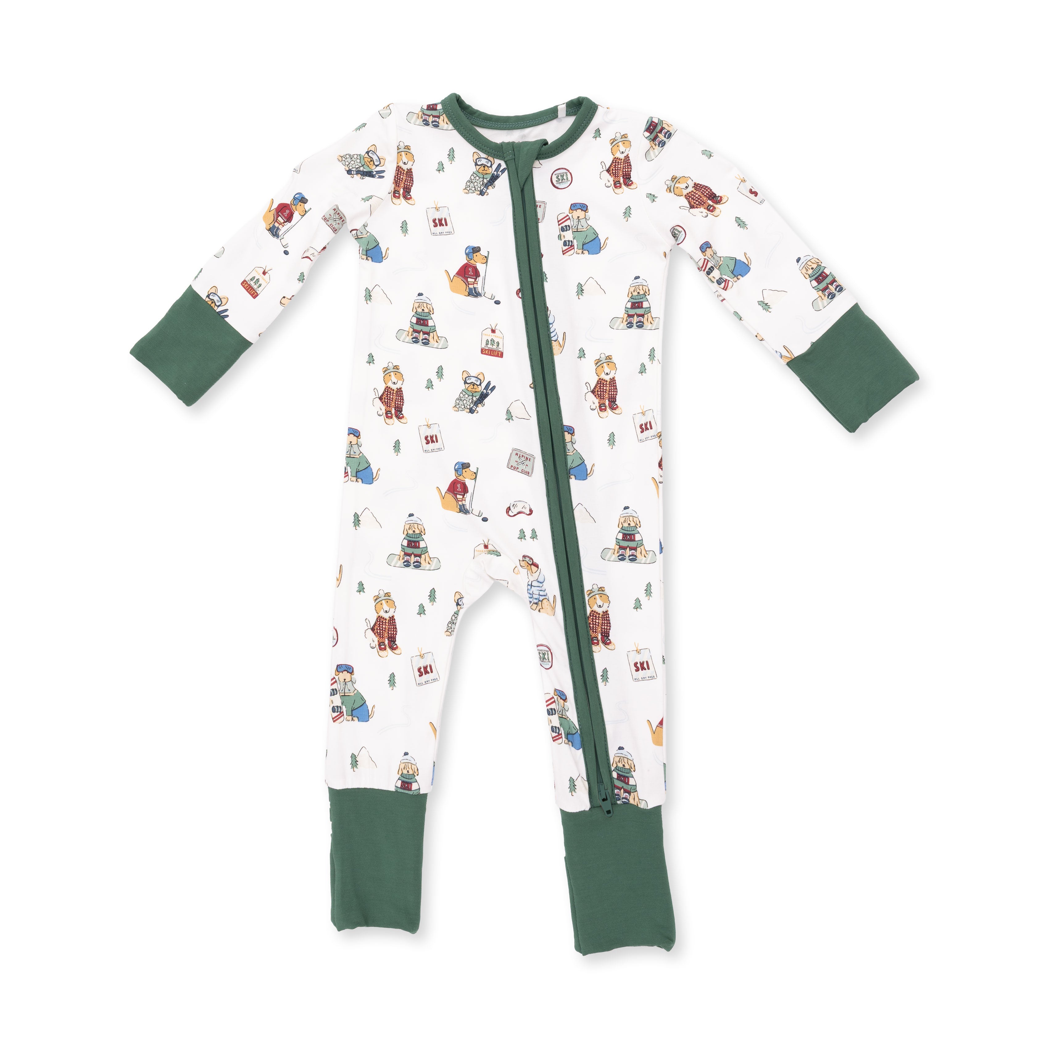 Baby pajamas with a winter sports dogs themed pattern.