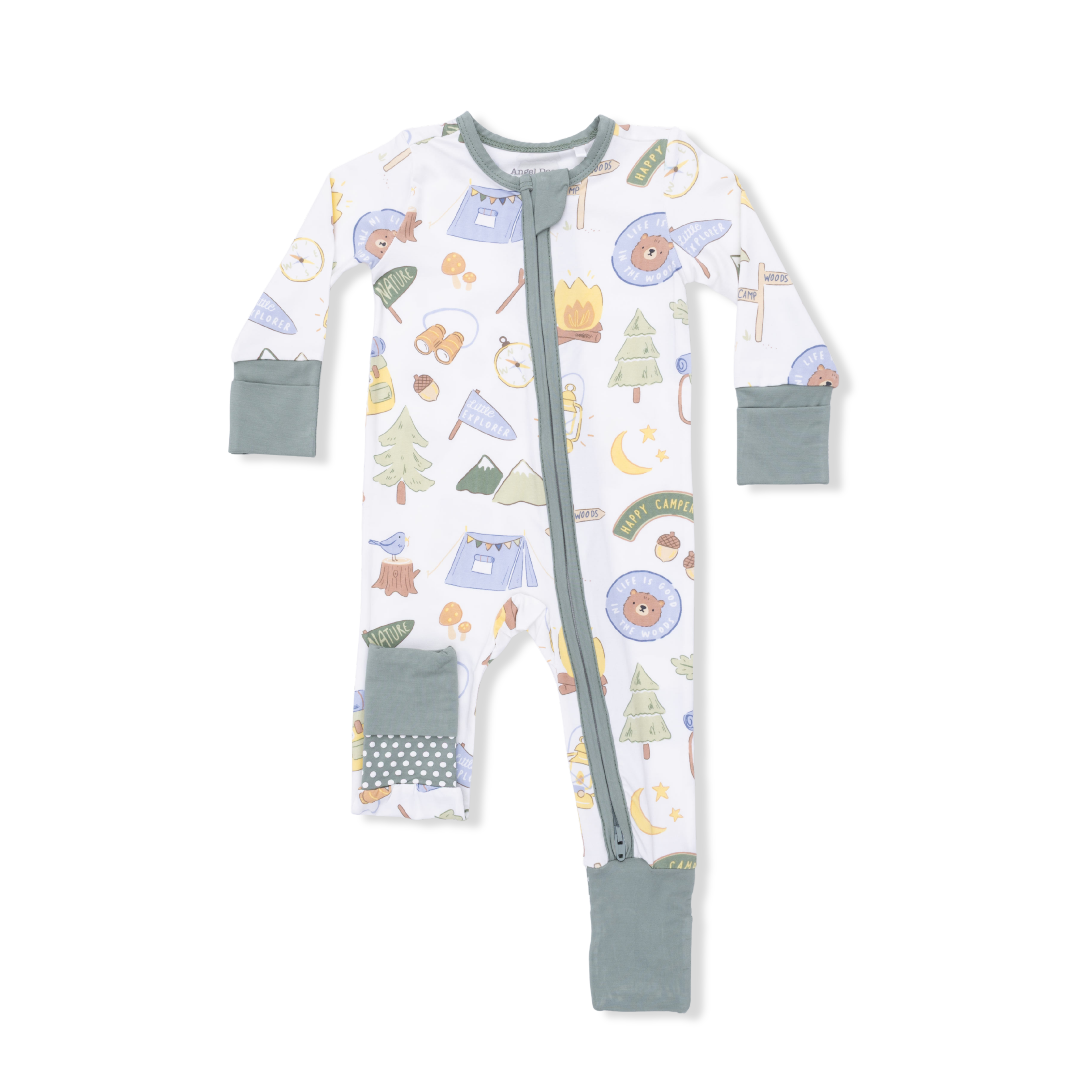 Baby onesie with camping-themed print on a white background