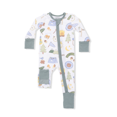 Baby onesie with camping-themed print on a white background
