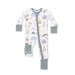 Baby onesie with camping-themed print on a white background