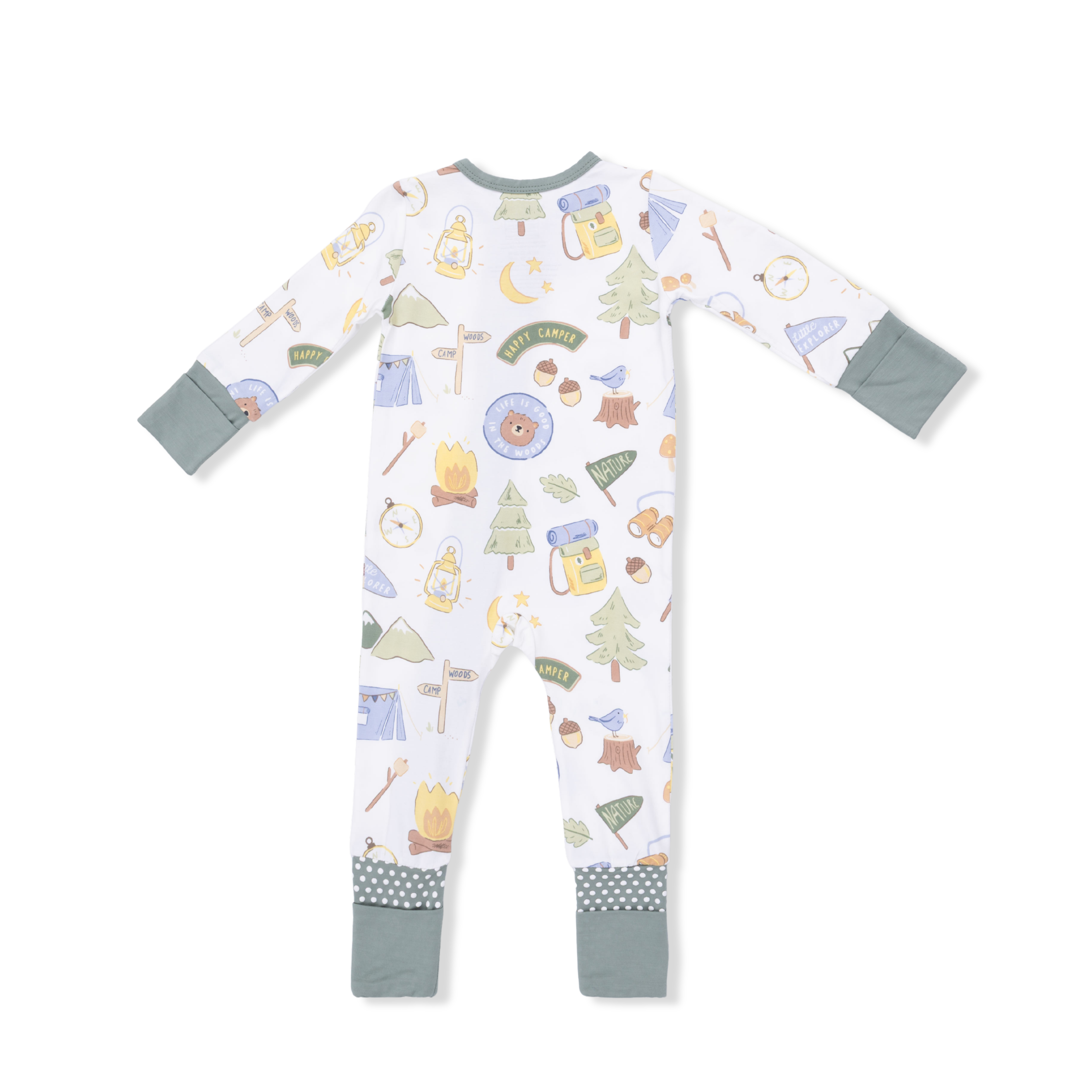 Children's onesie with camping-themed print on a white background