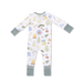 Children's onesie with camping-themed print on a white background