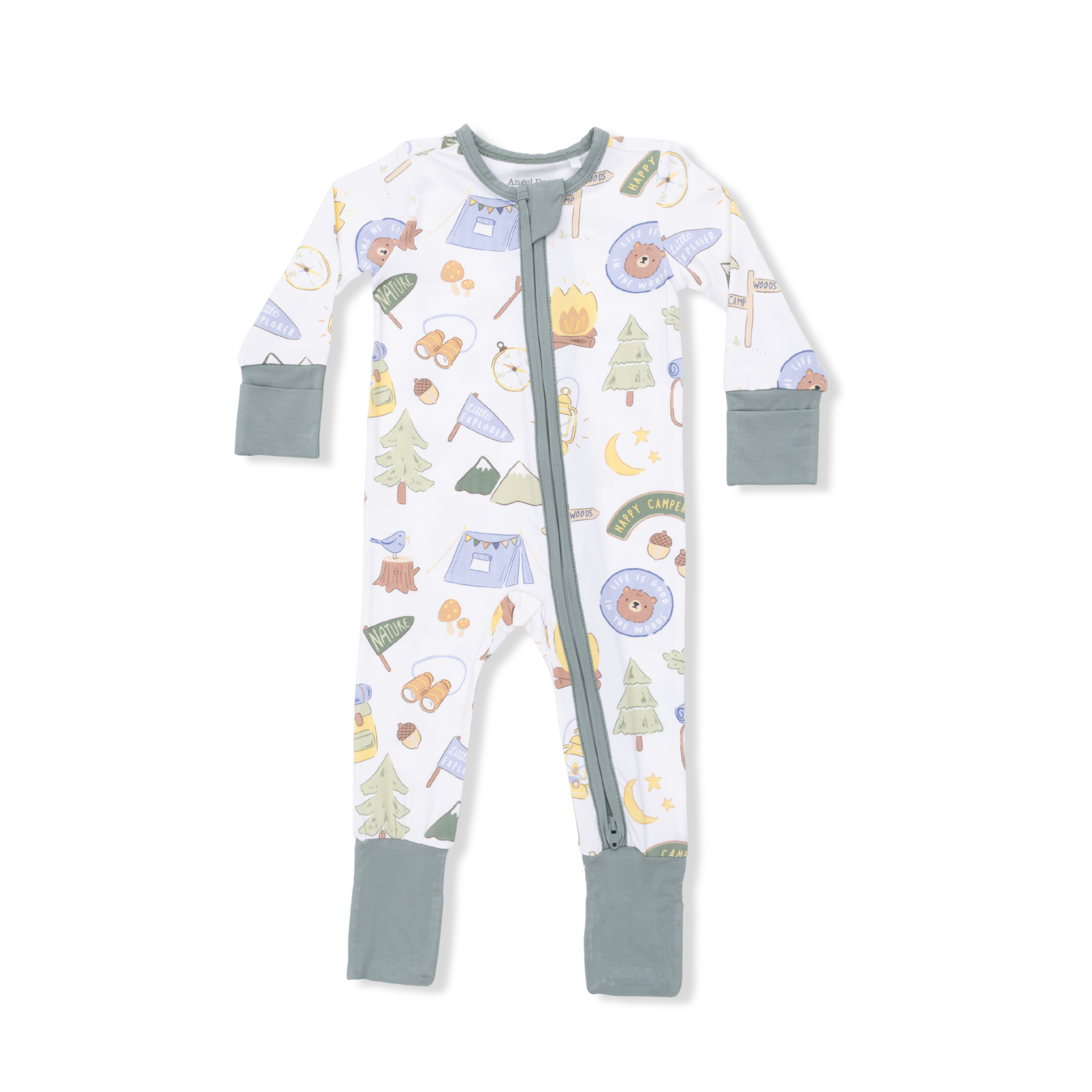 Baby onesie with camping-themed print on a white background