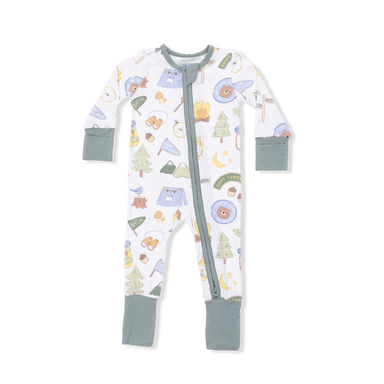 Baby onesie with camping-themed print on a white background