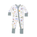 Baby onesie with camping-themed print on a white background