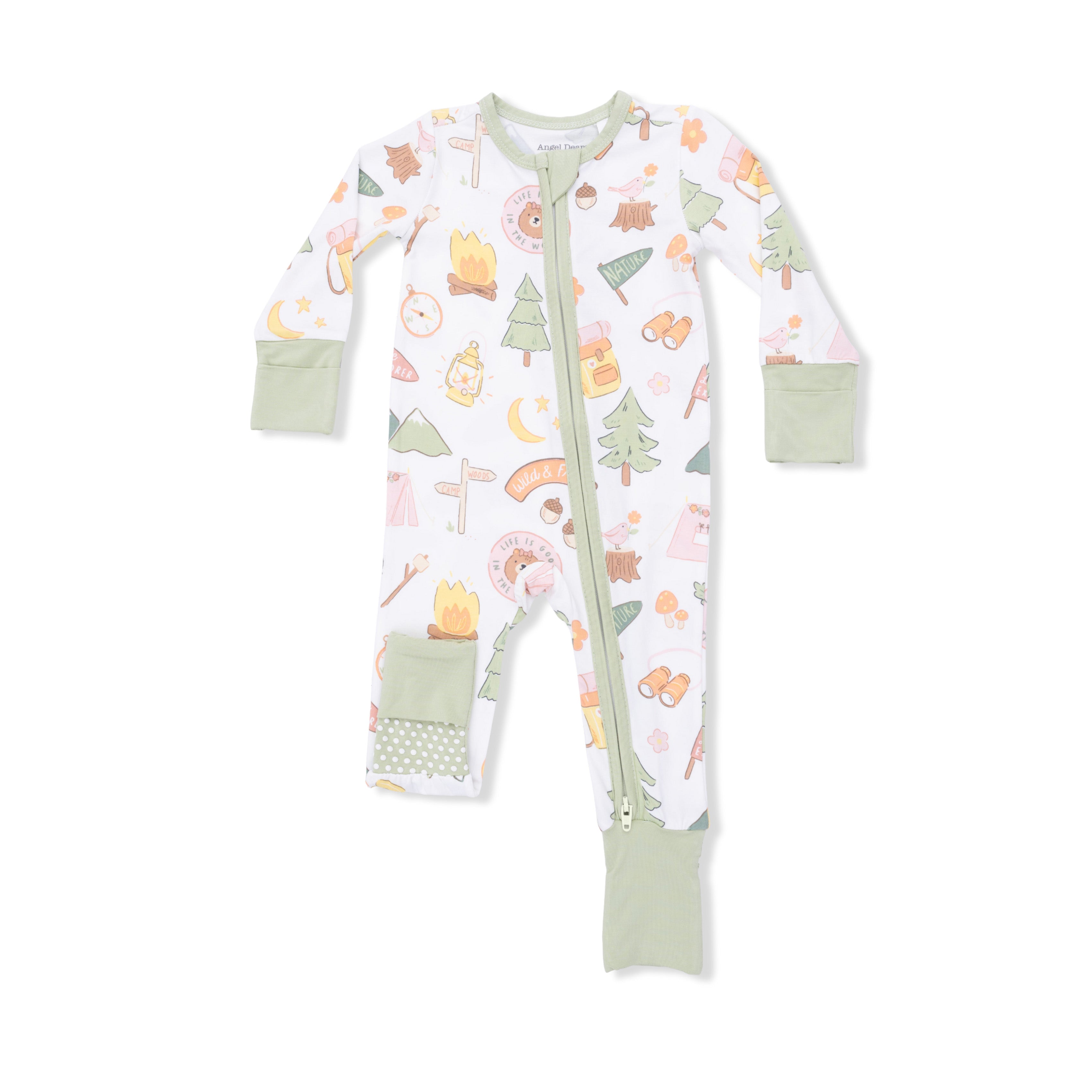 Baby onesie with camping pattern on a white background