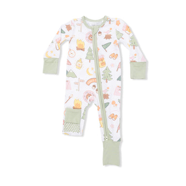 Baby onesie with camping pattern on a white background