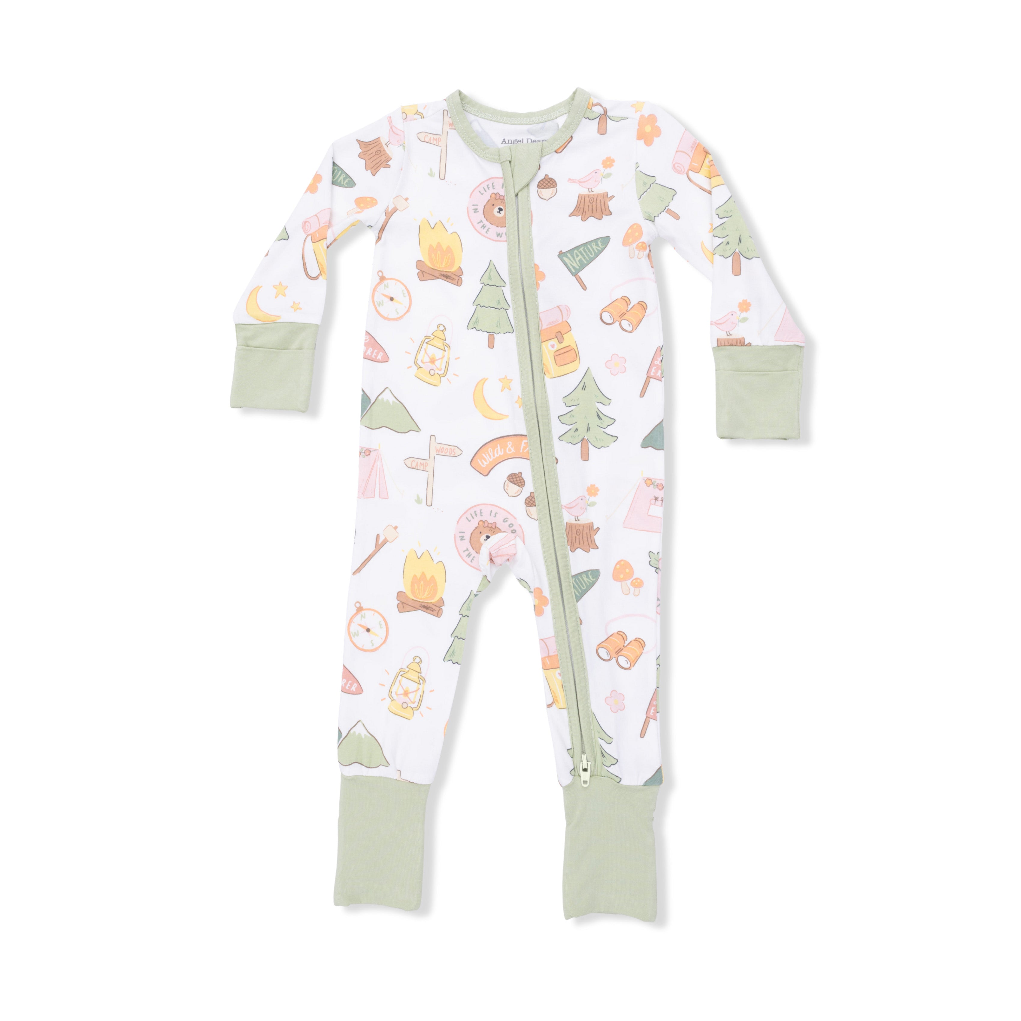 Baby onesie with camping pattern on a white background