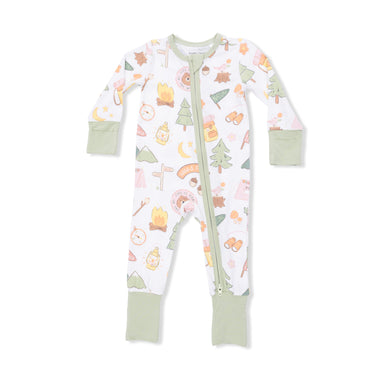 Baby onesie with camping pattern on a white background