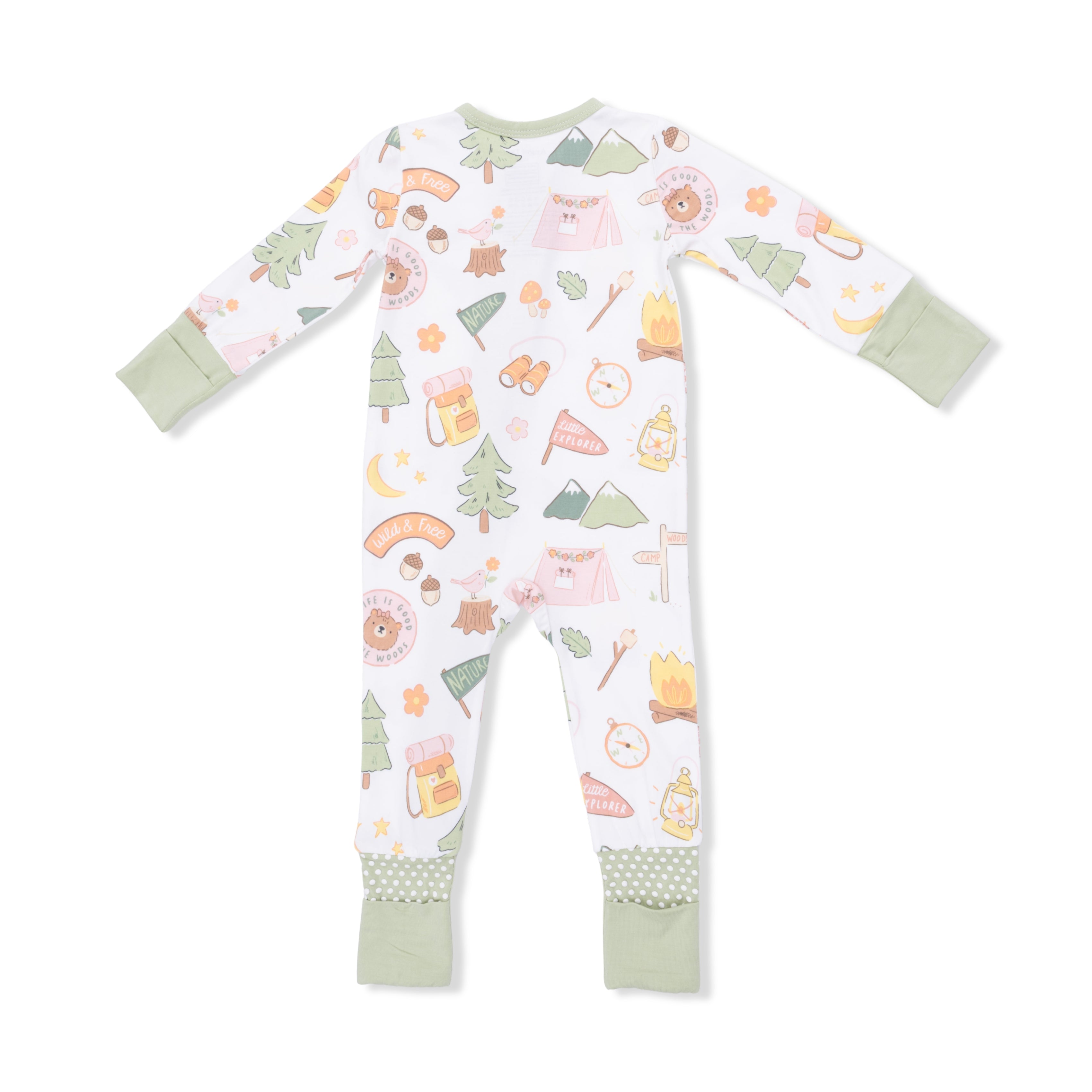 Baby onesie with a camping pattern on a white background