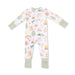 Baby onesie with a camping pattern on a white background