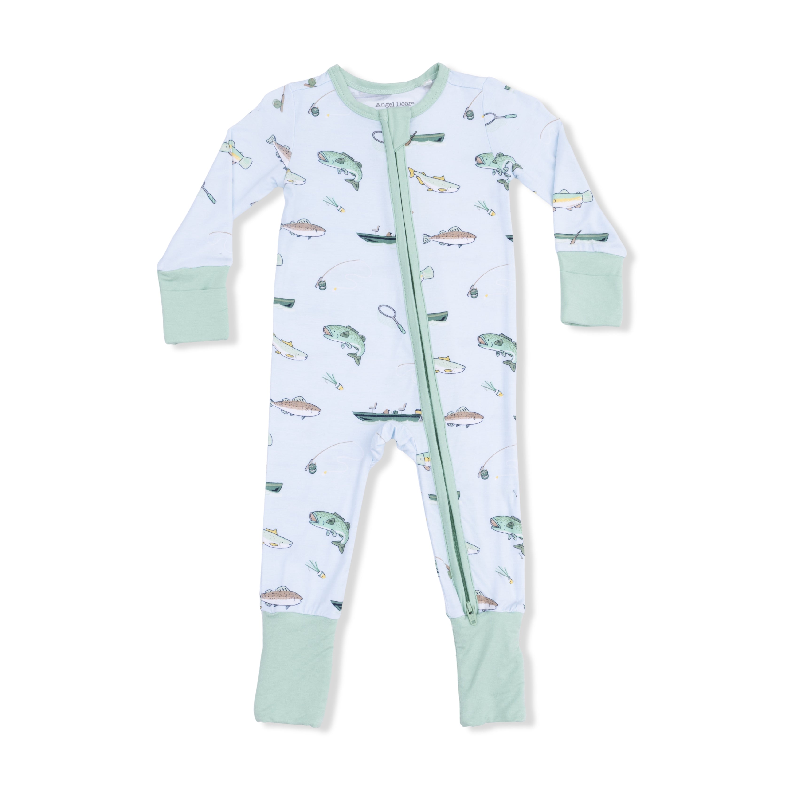 Baby onesie with fish pattern on a white background