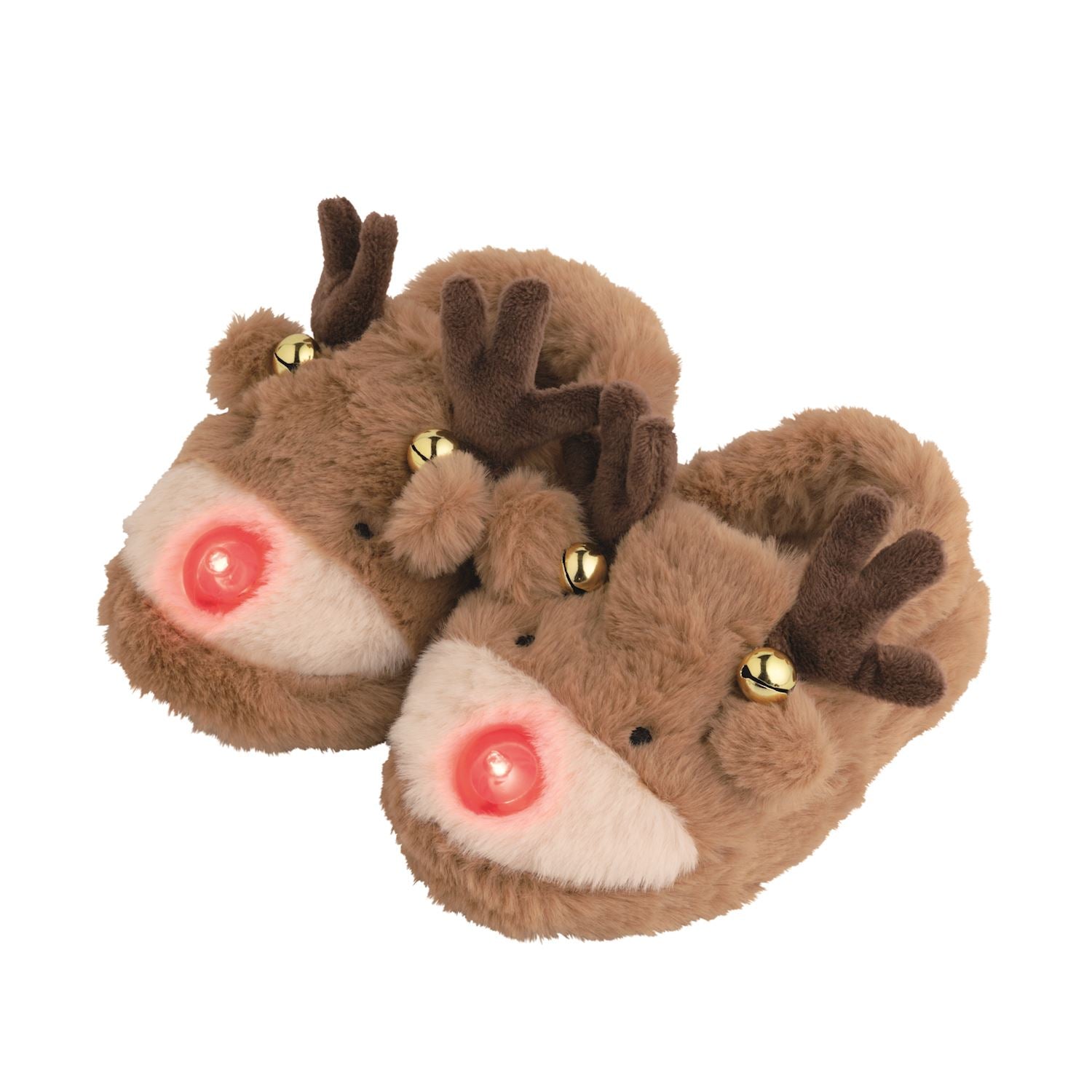 Pair of reindeer-themed slippers with glowing red noses on a white background