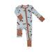 blue zipper romper with brown cuffs at the wrists and ankles and brown horses print