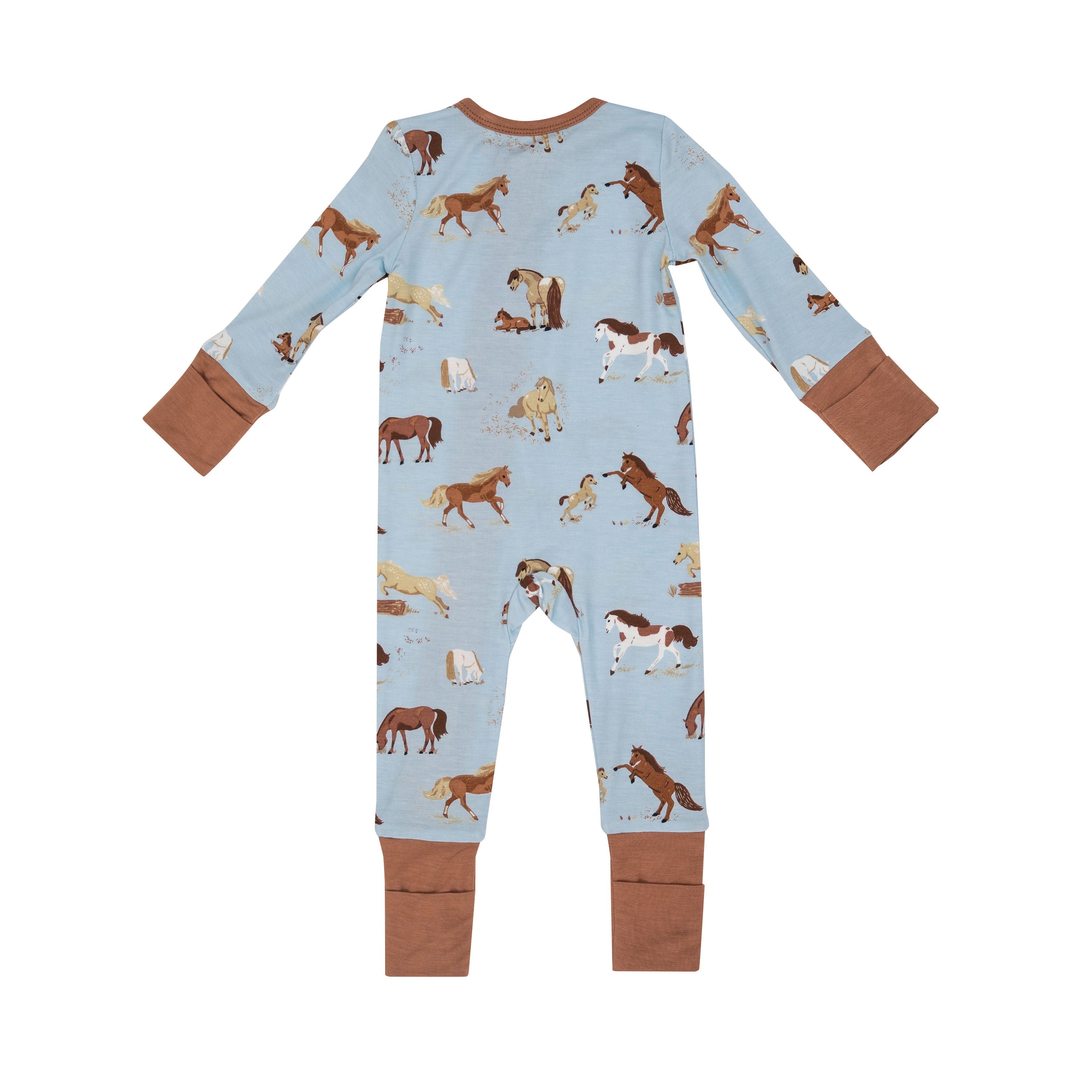 back of blue zipper romper with brown cuffs at the wrists and ankles and brown horses print
