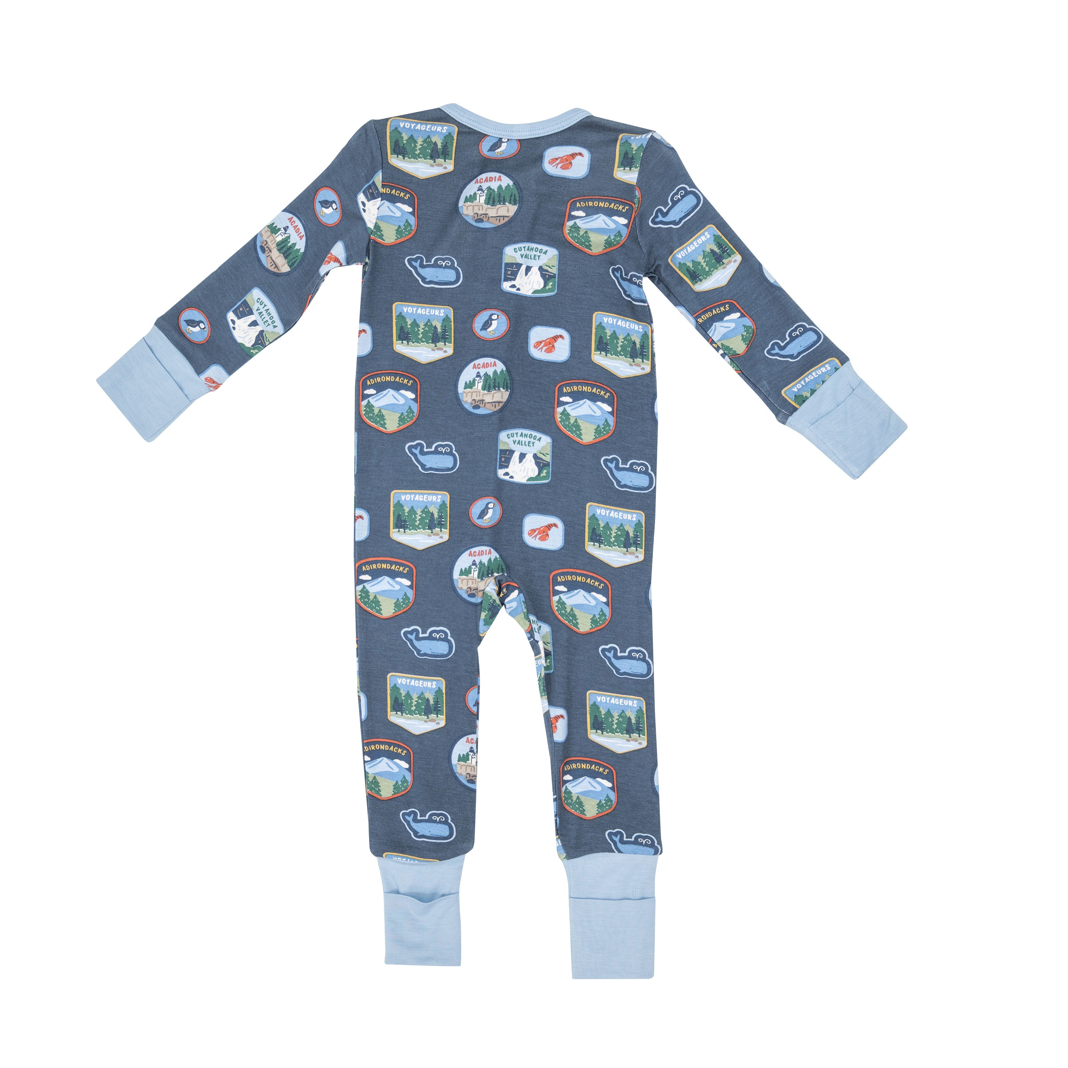 Blue romper with national park patches