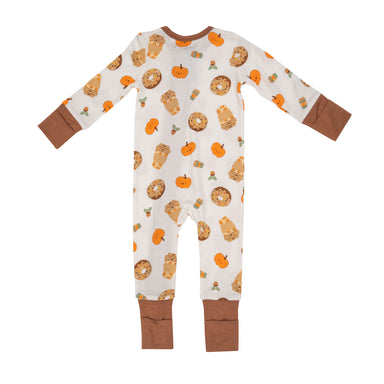 back of white zipper romper with brown on the wrist and ankle cuffs with pumpkin donuts, pumpkins and pumpkin spice coffee