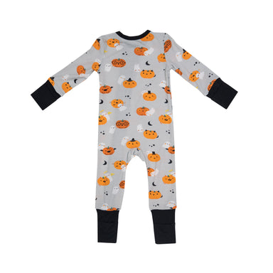 back of grey zipper romper with orange pumpkins and ghosts and black on the ankles wrist cuffs