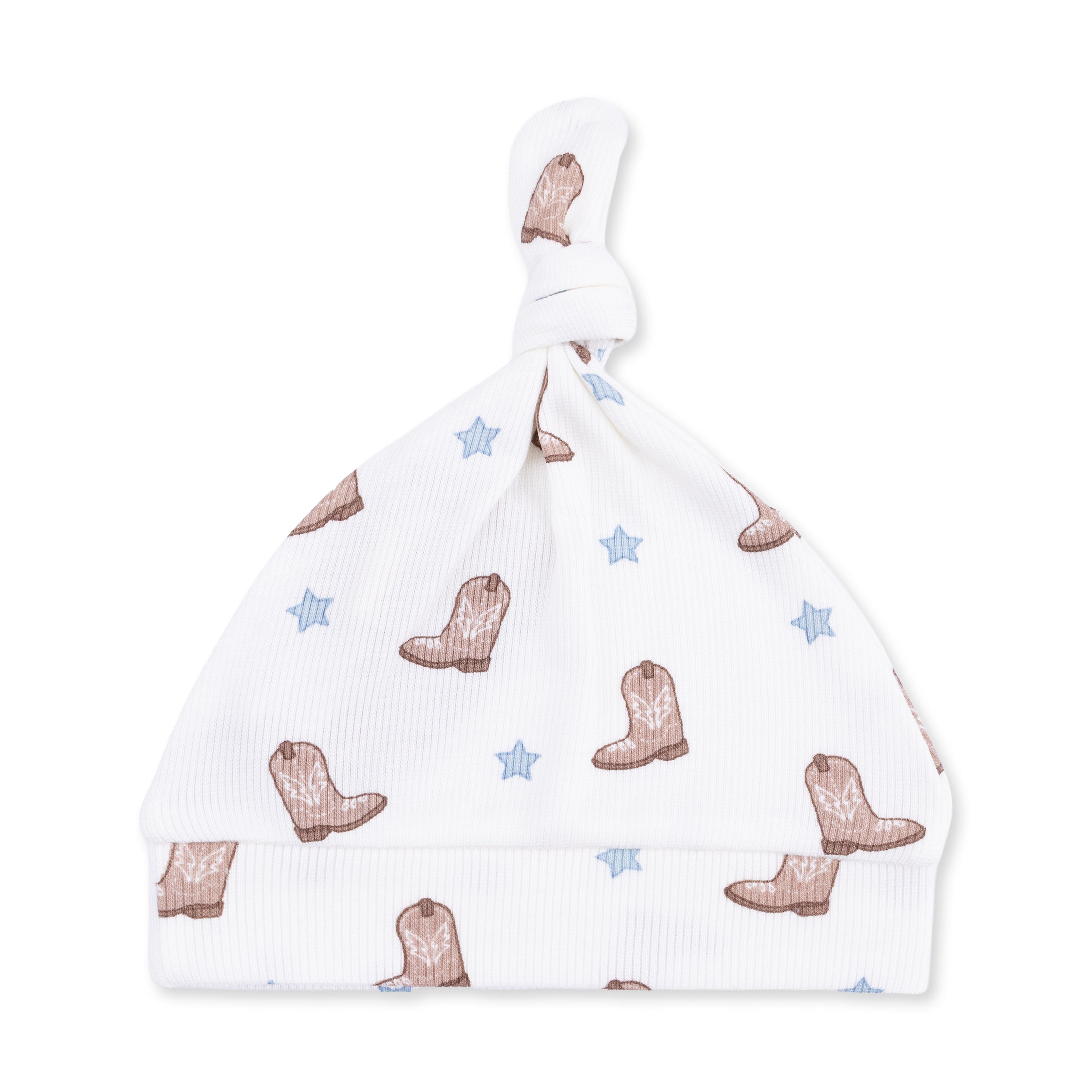 Baby hat with cowboy boot pattern on a white background