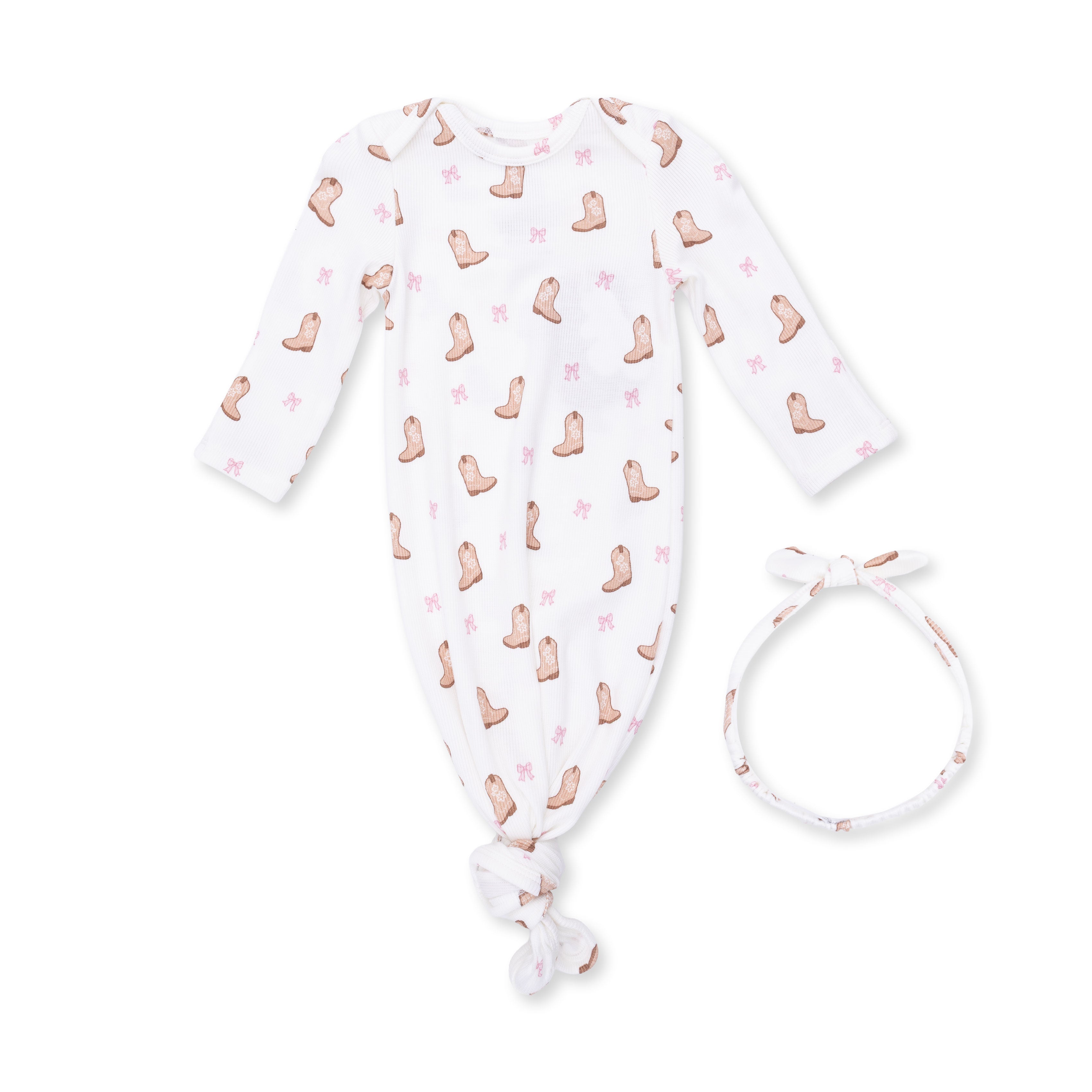 Baby wrap with boot pattern and matching headband on a white background