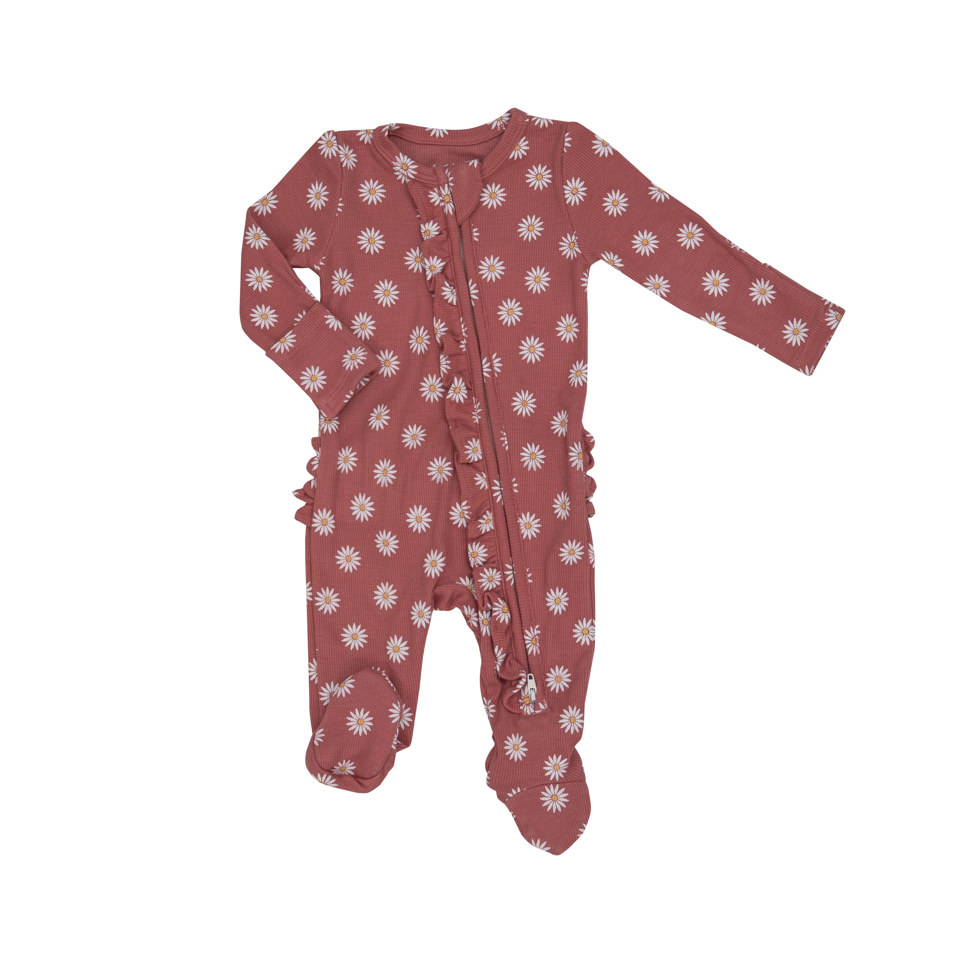 dark punch colored ruffle zipper footie with white daisy dot print