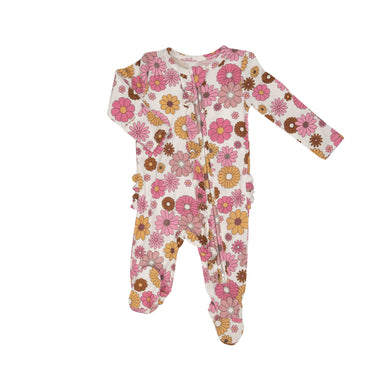 white ruffle zipper footie with pink, yellow and brown retro flowers print